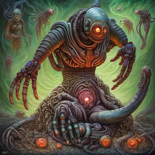 Prompt:  fantasy art style, painting, giving birth, pain, woman, bloated belly, pregnant belly, evil, baby, evil baby, woman giving birth, robotic, green, green lights, green neon lights, lightning, colourful, murky, H. R. Giger, biological mechanical, pipes, evil robot, egg, queen, queen ant, snakes, serpents, eels, tentacles, jellyfish, squid, giant robot, robot, machine, pregnant robot, war machine, inseminate, insemination, pregnancy, pregnant, mother, mother with pregnant belly, pregnant woman, futuristic, dystopian, alien, aliens, forced insemination, egg laying, procreation, breeding, brood, clutch of eggs