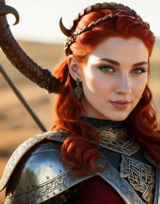 Prompt: highest quality stylized viking woman masterpiece, red hair, award-winning 3d oil painting art, perfect anatomy in perfect composition, long shot, hyper-realistic photography, intricate, 64k, UHD, HDR, (intricate eyes), extraordinary lips, subtle smile, gorgeous eyelashes, highly detailed face, hyper-realistic facial features, cinematic 3d volumetric, dramatic lighting with backlit backlight, by Julia Razumova