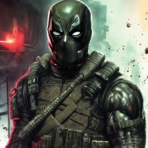 Prompt: Redesigned Gritty black and dark green futuristic military commando-trained villain deadpool Bloody. Hurt. Damaged mask. Accurate. realistic. evil eyes. Slow exposure. Detailed. Dirty. Dark and gritty. Post-apocalyptic Neo Tokyo with fire and smoke .Futuristic. Shadows. Sinister. Armed. Fanatic. Intense. 