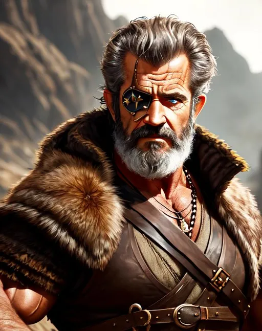 Prompt: Mel Gibson, 66 years old, brown rustic armor, sleeveless, eye patch, determined, fierce, hero, dirty, cloak, dramatic, human, cinematic lighting, caustic, cave background, brown hair,beard, eye patch, brown eyes, battlefield, ethereal, jewelry set, handsome, royal vibe, highly detailed, digital painting, Trending on artstation , HD quality, tan skin,artgerm, by Ilya Kuvshinov