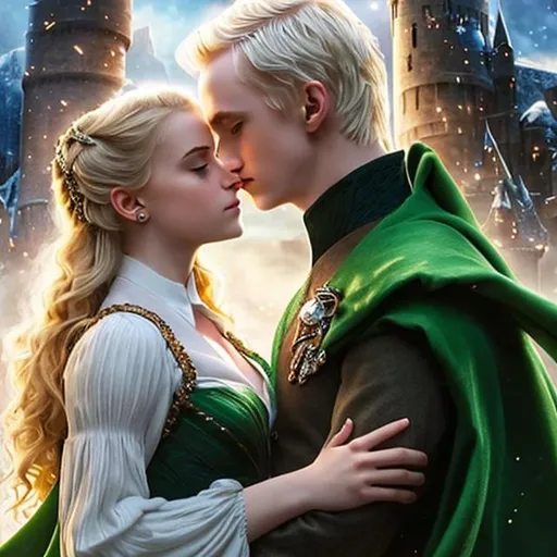 Prompt: Epic fantasy couple in love portrait. Photorealistic, romantic magic light. Draco Malfoy as Hogwats Slytherin student ((Slytherin)) kiss Hermione Granger, Hogwarts Gryffindor student((Gryffindor)). Hermione ((brown curly hair)). Love against war, Harry Potter, dramatic light, epic and romantic scene, perfect composition, perfect anatomy, romance and eye contact, super detailed and full of pathos.