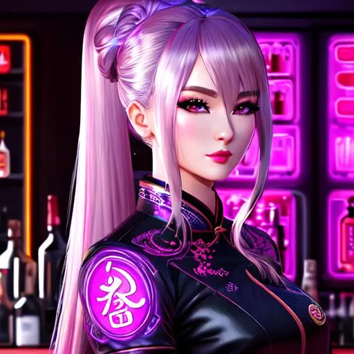 Prompt: UHD, 164k, highly detailed face, panned out view, visible full body, anime cyberpunk lady bartender, contemporary qipao, dimly lit neon bar, dark violet ponytail, ilya kuvshinov, mixing drinks, hyperdetailed large blonde hair, masterpiece, hyperdetailed full body, hyperdetailed feminine attractive face and nose, complete body view, ((hyperdetailed eyes)), perfect body, perfect anatomy, beautifully detailed face, alluring smile