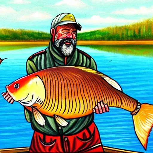 Prompt: A painting of a carp fisherman on a lake 