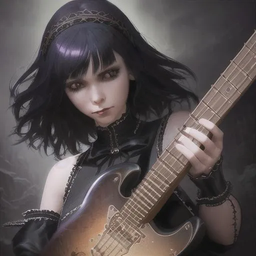 Prompt: goth girl playing a fender guitar, close - up portrait, goth outfit, powerful, intricate, elegant, volumetric lighting, scenery, digital painting, highly detailed, artstation, sharp focus, illustration, concept art, ruan jia, Maxfield Parrish