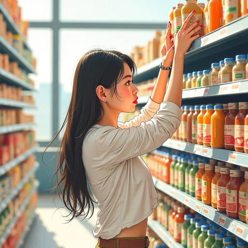 Prompt: Realistic high resolution Detailed digital drawing of a petite asian 30 year old woman posed on tiptoes stretching as she tries to reach the upper shelf of a supermarket shelf.  Highly detsiled facial features and expression