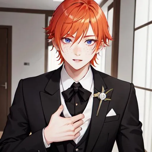 Prompt: Erikku 1male (short ginger hair, freckles, right eye blue left eye purple) wearing black suit at a wedding