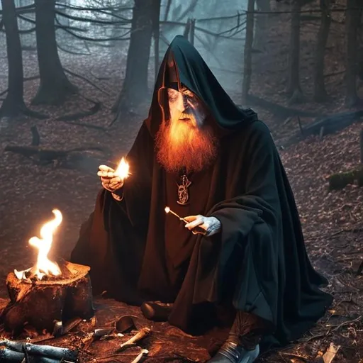 Prompt: A man in a black cloak with the hood on sitting by a bonfire in a forest smoking from a pipe