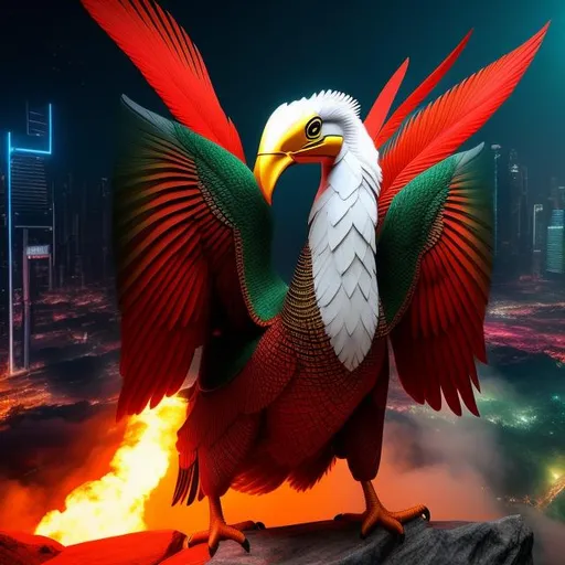 Prompt: Mascot jatayu nusantara ,beckground merah putih,cyberpunk,3D