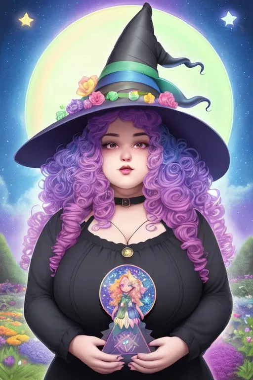 Prompt: beautiful plus size witch with curly rainbow hair, large chest, holding tarot cards, wearing witch hat, cute, flowers, aesthetic, pastel, fairycore, disney, pixar, moon, stars, witchcraft, in a starry pastel sky, garden, sweet, dreamy, award winning illustration, artstation, highres, hyperrealistic, large eyes, celestial, sci-fi, fantasy, cottagecore