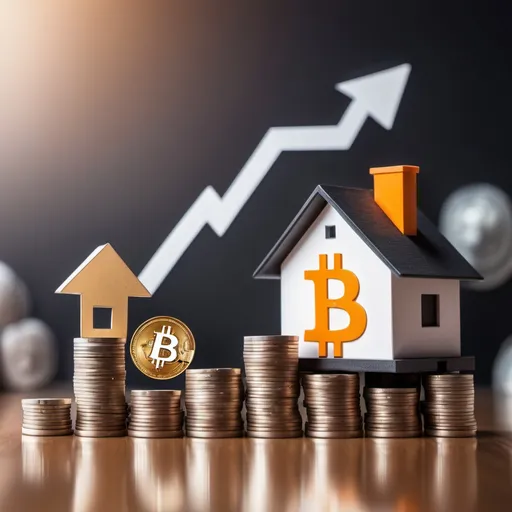 Prompt: a house with a bitcoin on top of it next to stacks of coins and a house model, Edi Rama, futurism, future, a stock photo, an investment arrow going up with 6 percent figure next to it 