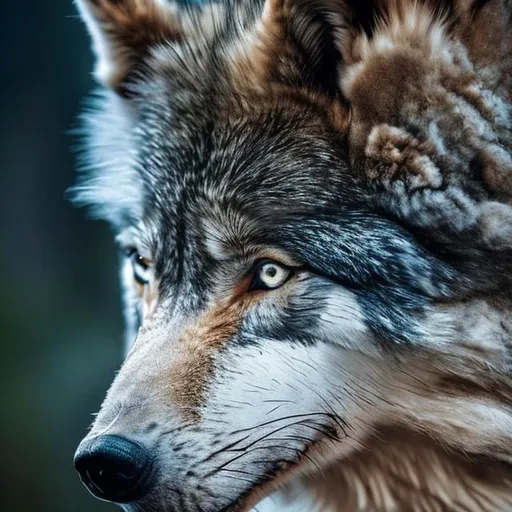 Prompt: highly detailed wolf into nature, highly detailed eyes, highly detailed fur, high resolution scan, 64k, UHD, HDR, hyper realistic, Canon EOS R5, Canon EF 100mm f/4.5 ii, wildlife context, cinematic lighting, crystal clear photograph, absolutely real, close shot, looking at me, extraordinary glance, epic composition, epic proportion.