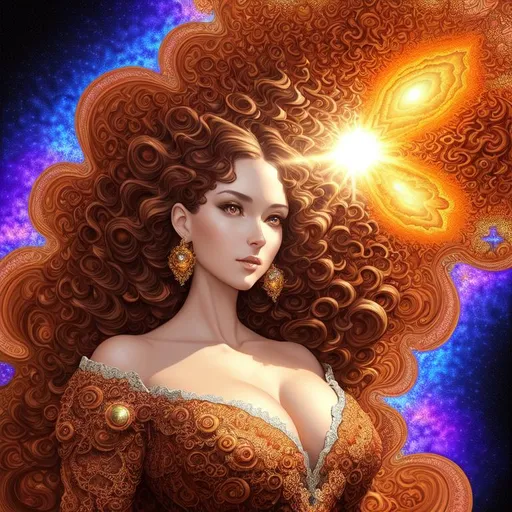 Prompt: full color mandelbrot newton fractal background in voronoi sky and sun, Ultimate Beautiful woman, fantasy, intricate, highly-detailed, elegant, dramatic lighting, gorgeous face, lifelike, photorealistic face, curl long brown Hair, long luxurious lace gown, digital painting, artstation, illustration, concept art, smooth, sharp focus, art by Jude Palencar, Luis Royo, John Collier and Albert Aublet and Krenz Cushart and Artem Demura and Alphonse Mucha, highly detailed painting, looking at viewer, portrait, photography, detailed skin, realistic, photo-realistic, 8k, highly detailed, full length frame, High detai