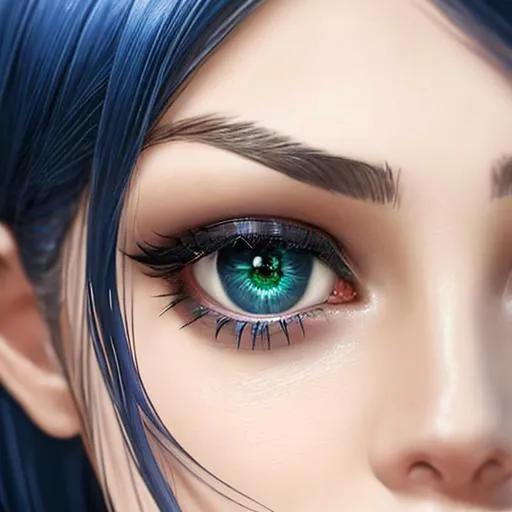 Prompt: Close up portrait of a girl, round face, dark blue hair, green eyes, has septum piercing, cute, very detailed, HD, symmetrical, open mouth, is smiling, has shard canines