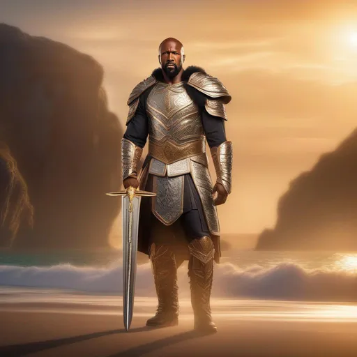 Prompt: a bearded Terry Crews as Nicolas Cage,  gentleman, fashion rocks, Warrior in battle stance wearing intricate Holy plate armor, wielding a sword and staff, background shoreline, warm lighting, concept art, smooth, 