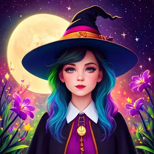 Prompt: a young witch with short multicolored hair, Disney style, witch hat, moon, forest, flowers, nighttime, galaxy, soft light, art, painting, sweet, fireflies, pastel, vaporwave