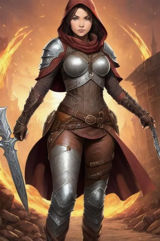 Prompt: sticker of ultra detailed female rogue wearing full body {brown leather} armour and pants and cloak with hood,
high quality cell shaded illustration dungeons and dragons, fantasy, busy medieval city,  concept by gal barkin, 
((half body)), dynamic pose, perfect anatomy, tattoos centered, freedom, soul, red long curly hair, 
approach to perfection, cell shading, 4k , cinematic dramatic atmosphere, watercolor painting, global illumination, 
detailed and intricate environment, artstation, concept art, fluid and sharp focus,
volumetric lighting, cinematic lighting, (((masterpiece style)), unreal engine 5