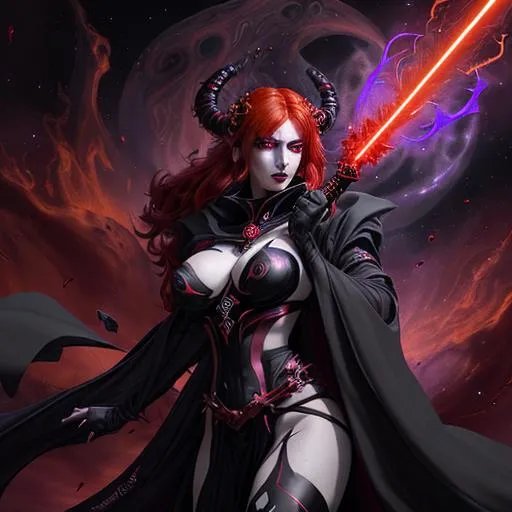 Prompt: Beautiful mayhem, divine chaos, anime Kali with fiery-red hair and red eyes and pale-reddish-purple skin, chaos red-witch in black Sith robes, her name is Talon and she bows regally to her dark Cthuhlu-like master, in space nebula, elegant, prefect composition, soft cinematic lighting, sith master, golden shafts of light, the most beautiful person ever, watercolor illustration by mandy jurgens and alphonse mucha and alena aenami