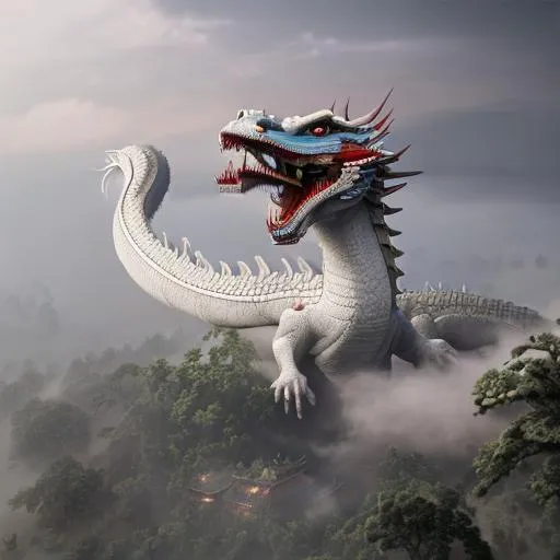 Prompt: emperor's white dragon, floating sky palace background, old chinese style, hyper realistic