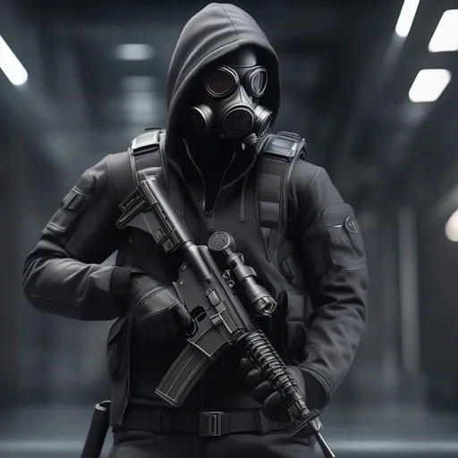 Prompt: Male agent with a gas mask, black and grey cyberpunk outfit with a hood, with pistol room, Hyperrealistic, sharp focus, Professional, UHD, HDR, 8K, Render, electronic, dramatic, vivid, pressure, stress, nervous vibe, loud, tension, traumatic, dark, cataclysmic, violent, fighting, Epic