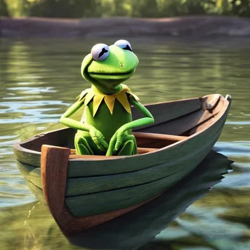 Prompt: kermit the frog sitting in the wooden boat and he looking for fishes