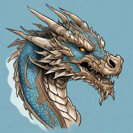 Prompt: Concept design of a dragon. Dragon head portrait. Coloring in the dragon is predominantly sky blue with bronze streaks and details present.