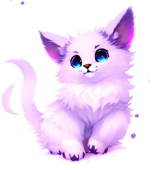 Prompt: Cute, purple, fluffy, fantasy space kitten, with starry, purple eyes, purple fur, and possessing the element of space and making circles of stars
 move around in the air in a magical way, in a space background. Perfect features, extremely detailed, realistic. Krenz Cushart + loish +gaston bussiere +craig mullins, j. c. leyendecker +Artgerm.