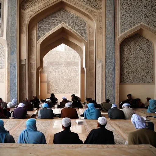 Prompt: people sitting  studying together
 in bukhara islamic 
