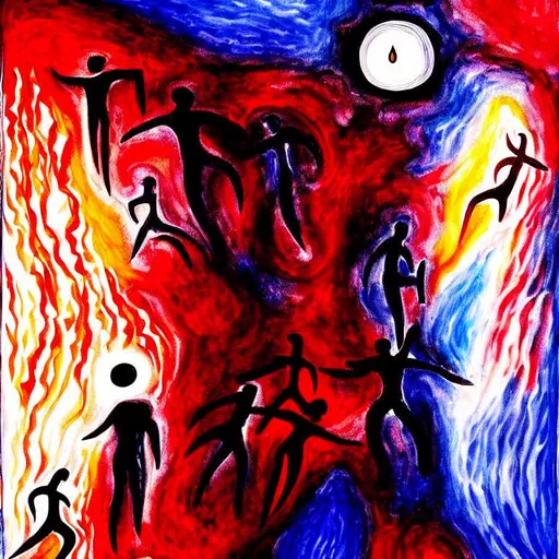 Prompt: A beautiful murder with the soul of the victim leaving his body and rising and going to heaven with heaven in the background and the man who murdered him getting pulled into darkness to hell painting abstract 