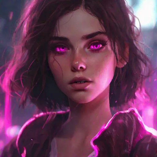 Prompt: dirty, pretty young girl, pouty lips, pale skin, dark mahogany brown hair, bright fuchsia eyes, magic, concept art, epic lighting, finely-tuned, octane rendering