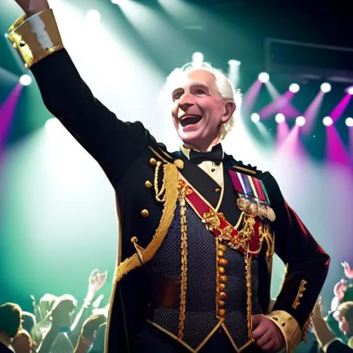 Prompt: ((old King Charles III)) dancing in the club, dancing being cool, big happy smile, accurate face, photo realistic, 4k, nightclub lighting, detailed face