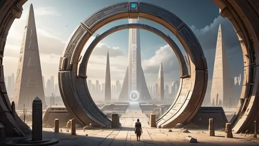 Prompt: small circular portal, small gateway between cities realms worlds kingdoms, small ring standing on edge, freestanding ring, hieroglyphs on ring, complete ring, obelisks, pyramids, futuristic towers, large wide-open city plaza, wide vista view, futuristic cyberpunk dystopian setting