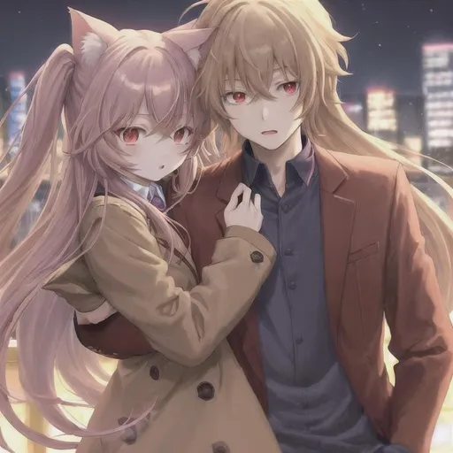 Prompt: boy anime, cream hair colour, long hair, red eyes cat ear, brown jacket, couple, girl anime, purple long hair,  purple eyes, school uniform, hug, night city