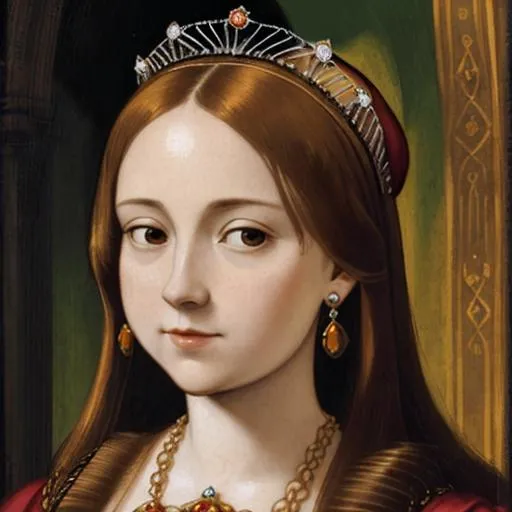 Prompt: Royal queen Catherine of Aragon, cute round face, light brown hair, wearing a tiara and beautiful jewels, 16th century, facial closeup