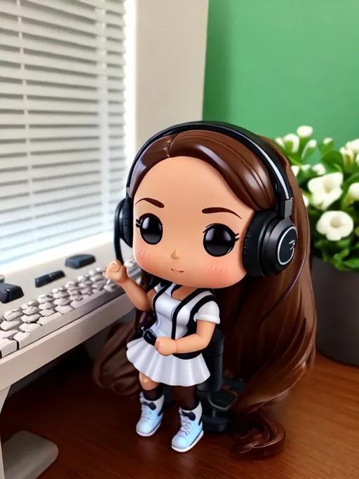 Prompt: cute funko pop female figure with long brown hair, brown eyes, holding a keyboard and wearing a headset