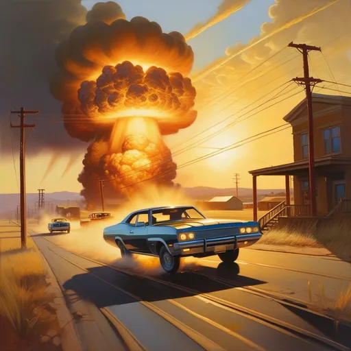 Prompt: Nuclear explosion, car chase, industrial area, cartoony, golden atmosphere, extremely detailed painting by Greg Rutkowski and by Henry Justice Ford and by Steve Henderson