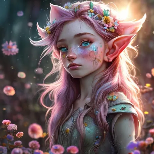 Prompt: UHD, environment, bloom, Leaves, flowers, Highly detailed, HD colour, Young girl, galaxy hair, elf ears, freckles, sunbeams, Sectoral heterochromia