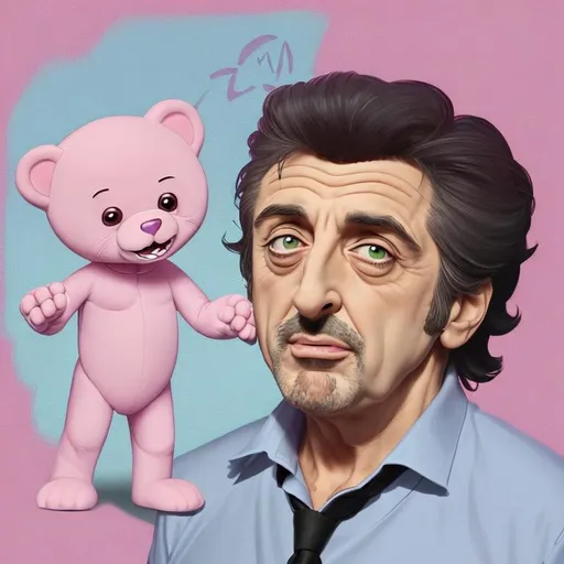 Prompt: TV cartoon called "Tiny Pacino" staring a small Al Pacino terrorize the 2nd grade with his pal the sadistic pink carebear 