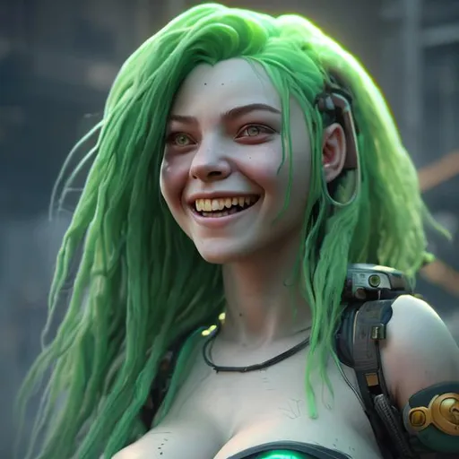 Prompt: early-twenties female model, green hair, solarpunk, smiling, futuristic, portrait, realistic details, photorealistic, 8K render, cinematic lighting,  ultra detailed