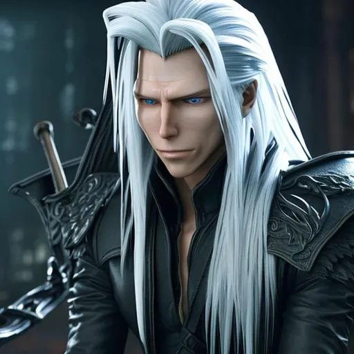 Prompt: Sephiroth from Final Fantasy sitting alone in a dark room, looking like he just walked straight out of the uncanny valley