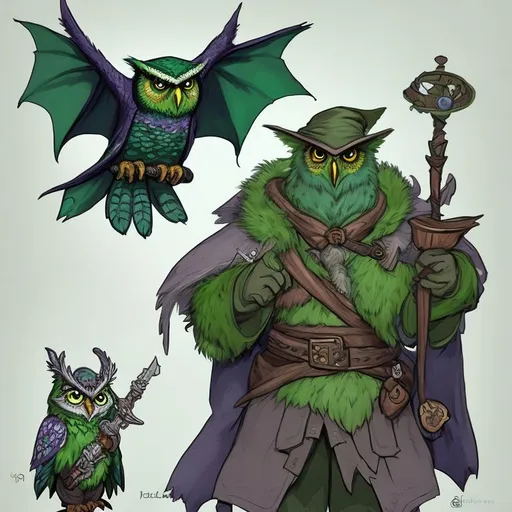 Prompt:  Character  drawing of dnd green owl wizard with owl familiar character