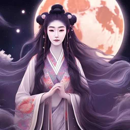 Prompt: A beautiful and ethereal moon goddess with long hair depicted In traditional Chinese attire standing in the flowing wind behind the full moon in the artstyle of digital art 