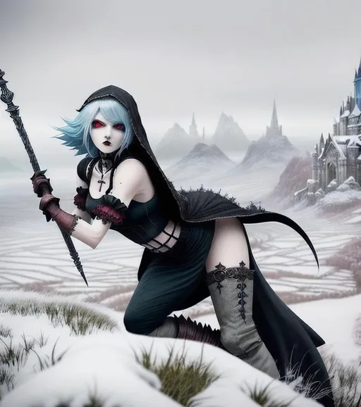 Prompt: Gorgeous perfectly detailed facial features, long legs, sumptuous hyper detailed perfect body, ultra pale, visible midriff, random pose, gothic fantasy, gloomy random dystopian top of the world landscape, heavy snow, female gothic mage with a Sceptre, 

wearing a weathered old period appropriate outfit, flowing random colored hair, random length hair, porcelain face, large reflective red eyes, fierce agonizing look, 

Splashart, wandering magical lights, surreal, symmetrical intricate details, hyper detailed perfect studio lighting, perfect shading, 

Professional Photo Realistic Image, RAW, artstation, splash style dark fractal paint, contour, hyper detailed, intricately detailed, unreal engine, fantastical, intricate detail, steam screen, complimentary colors, fantasy concept art, 64k resolution, deviantart masterpiece, splash arts, ultra details, Ultra realistic, hi res, UHD, complete 3D rendering.