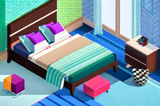 Prompt: Perfectly Isometric view, Clean, Pretty, Colorful , isometric Bedroom full of Furniture. Clean looking isometric bedroom. Isometric camera, dark and light color mix, beautiful shadows