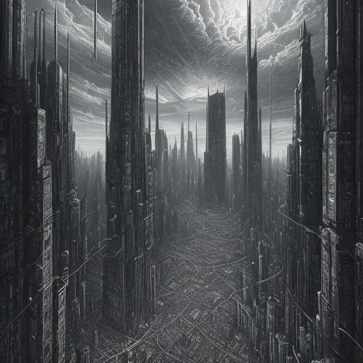 Prompt: dystopian city scape with towering buildings in the style of gustave dore
