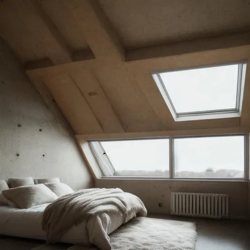Prompt: cozy brutalist architecture bed room with lots of natural light coming from skylight 