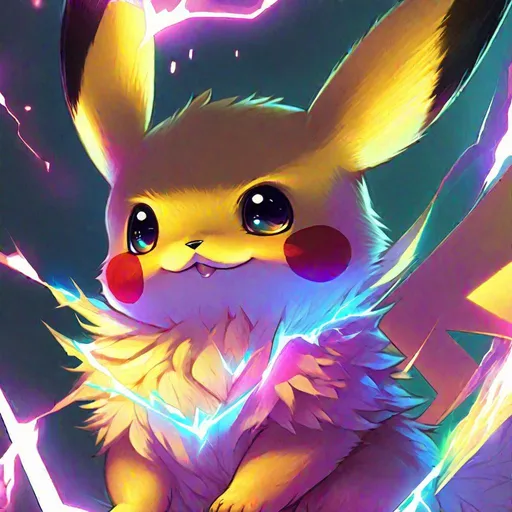 Prompt: cute fluffy Pikachu, rainbow colours, sparkling eyes, embers in her eyes, shining eyes, sharp features, lightning, highly detailed, digital painting, artstation, concept art, smooth, sharp focus, beautiful fur, expressive eyes, illustration, art by Artgerm and greg rutkowski and alphonse mucha