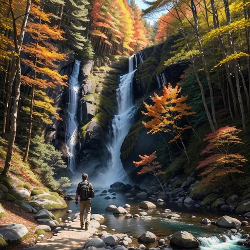 Prompt: Portrait, 3D, HD, Epic, Stunning, Spectacular, Dreamy, [(Ruggedly Handsome!!! "{male} is hiking in a forest and {walking away from the waterfall} in the forest up a seldom-travelled path near the riverbank.  It is fall and the leaves are beginning to turn color")], ultra detailed artistic photography, shadows, oil on canvas, brush strokes, smooth, ultra sharp focus, ominous, matte painting, golden ratio, epic, intricate, hyper realistic, Perfect viewpoint, highly detailed, wide-angle lens, hyper realistic, with dramatic sky, polarizing filter, natural lighting, vivid colors, everything in sharp focus, HDR, UHD, maximalist highly detailed and intricate professional photography, a masterpiece, unreal engine 5, 64K --s98500