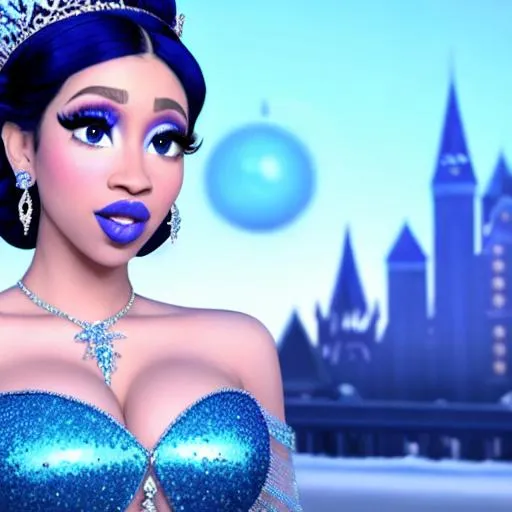 Prompt: Ice Queen Cardi B, Elsa eating blue ice cream in winter palace, blue lipstick, city skyline, windy and snowing, blue heart necklaces, Large frozen Ball Gown, pleasant face, blue eyes, Black-purple eyeshadow, Sugar Hat, extremely large ice earrings. Cold color scheme, ultradetailed, 8k resolution, perfect, smooth, high quality, shiny. 