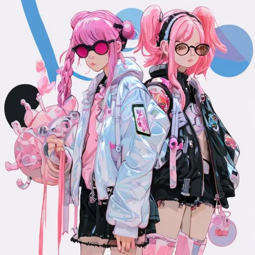 Prompt: wide standing view, full body view, cute petite 21 year old anime girl with curves, pink hair with two braided pigtails, making peace sign with one hand and holding katana with other hand, white oval sunglasses, puffy bomber jacket, black cutoff daisy dukes, black combat boots, highly stylized artstyle, standing by ducati supersport, background digital painting, abstract neon tokyo background, wide view, digital illustration, ultra hd, hd photography, ,extreme long shot, telephoto lens, motion blur, wide angle lens, deep depth of field, warm