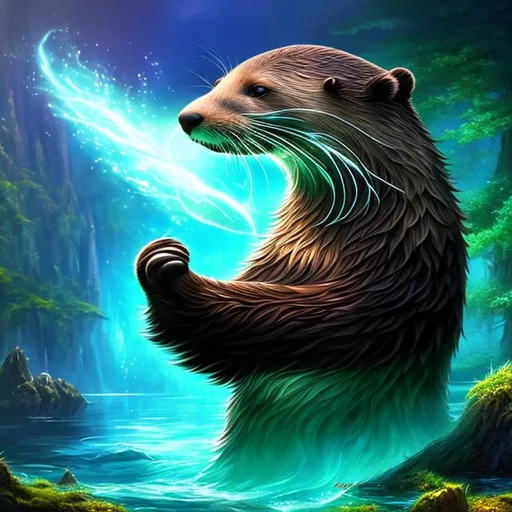 Prompt: Otter, magical, dreams, mtg, Magic the Gathering, lake, Black, blue, red, green, Otter Wizard, hat highly detailed, 4 k, hdr, smooth, sharp focus, high resolution, award - winning photo, clayton crain, anne stokes, photorealistic Cynthia Sheppard, MTG, full body, Dynamic lighting, action pose, casting a spell, Lutri the spellchaser